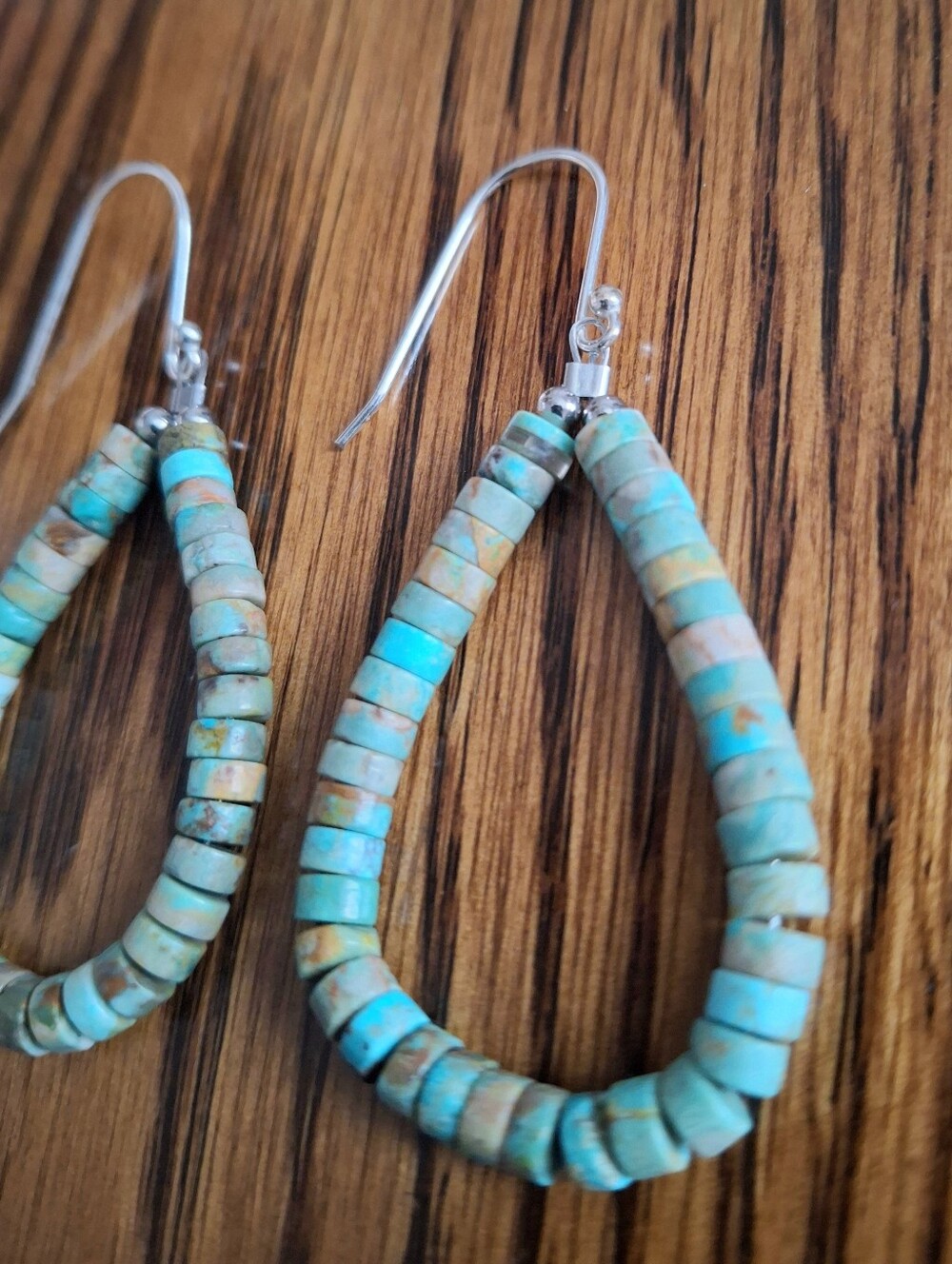 Heishi Nevada Green Turquoise Hoop Earrings Sterling Silver Handmade - Picture 2 of 4